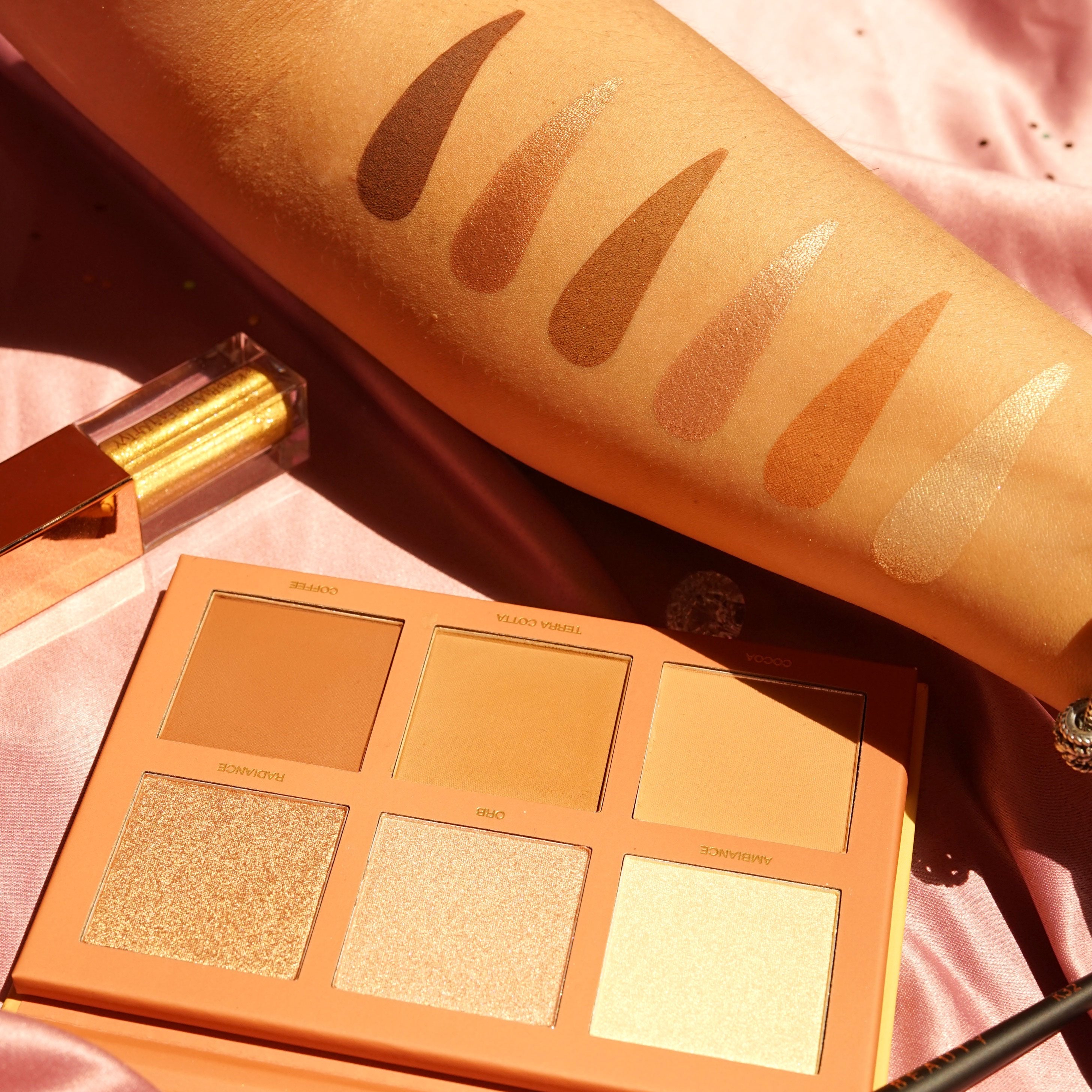 Kara Beauty's Bronzed Goddess Highlighter and Bronzer palette swatches