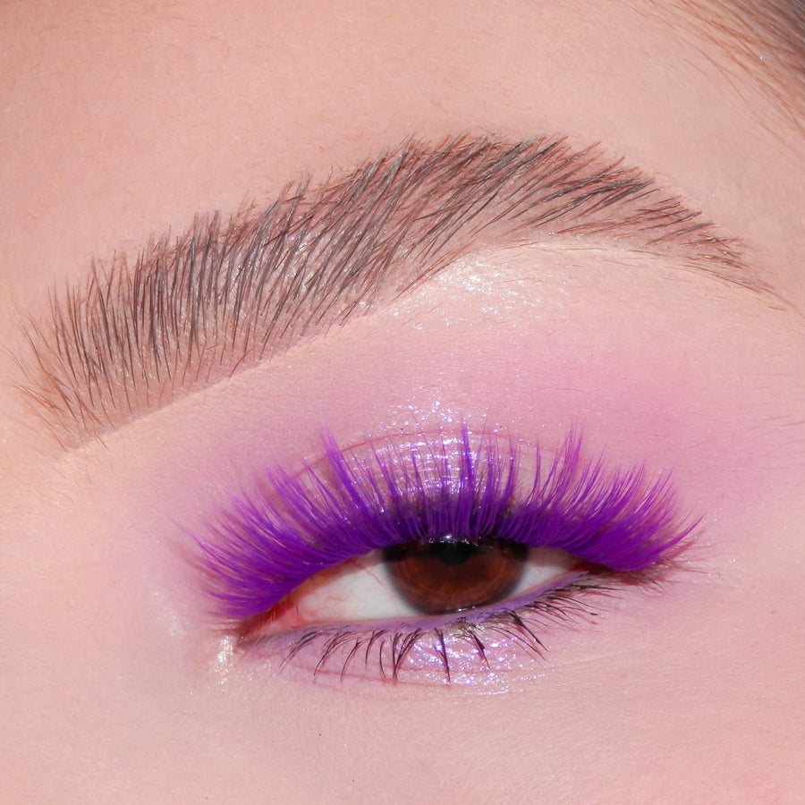 Purple color 3D faux mink eyelashes on model
