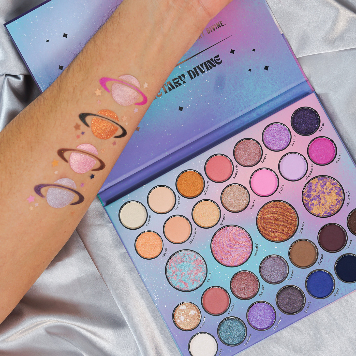 Swatches of Kara Beauty's Planetary Divine Space-themed 32-Shades Vegan Eyeshadow Palette