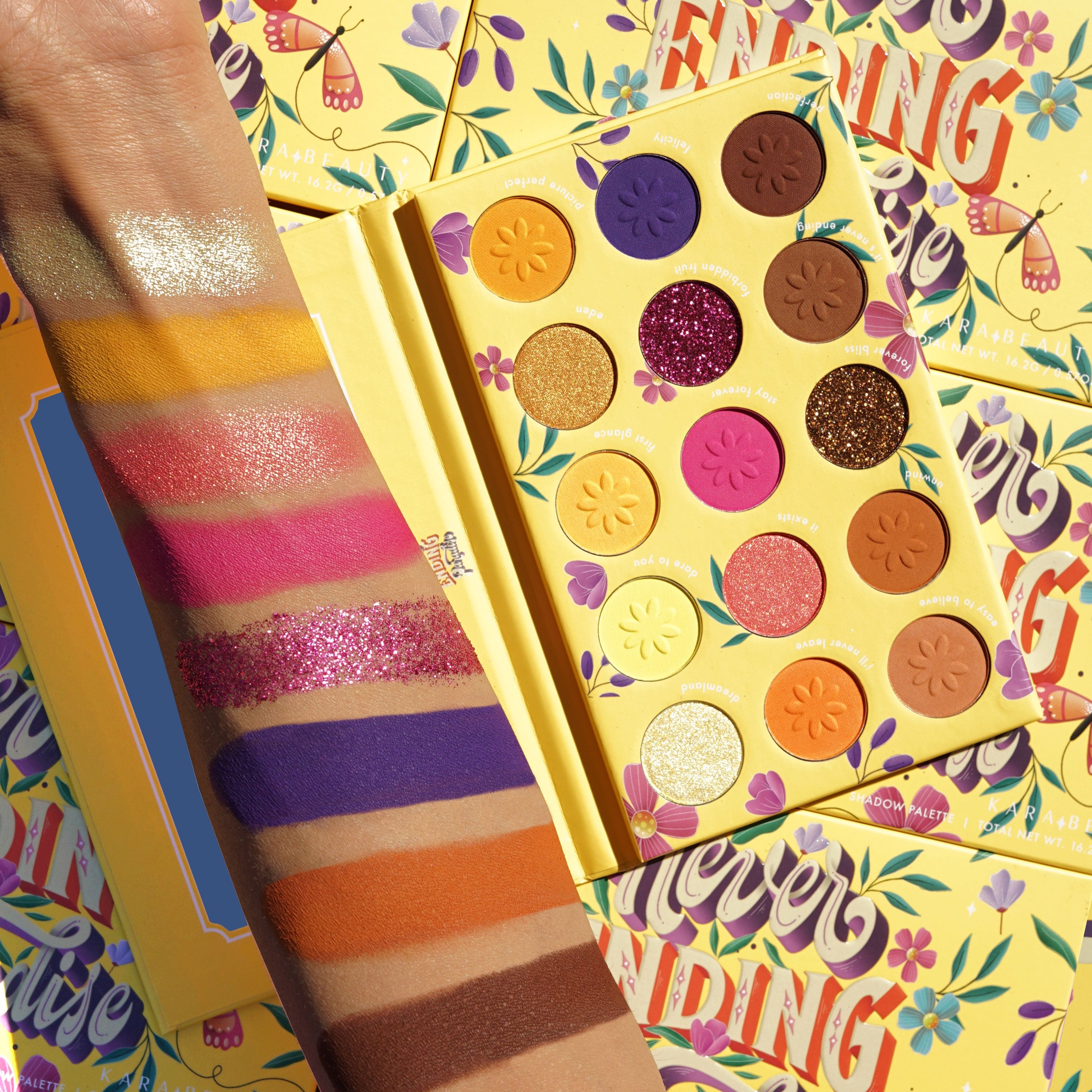 Kara Beauty's Never Ending Paradise 15-Shades Multi-Finish Eyeshadow Palette - Swatches