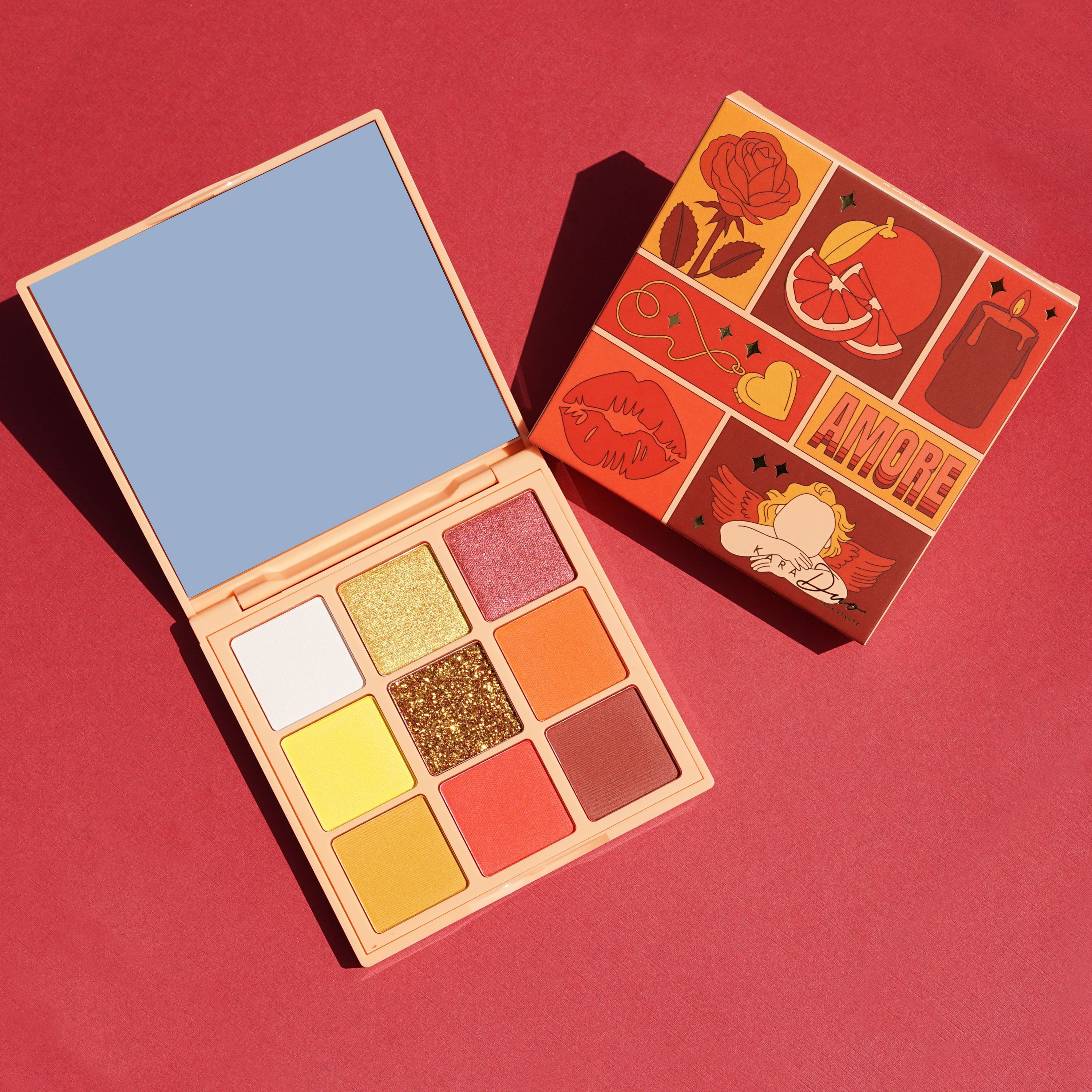 ES122 Amore 9 pan mini vegan eyeshadow palette featuring reds and golds