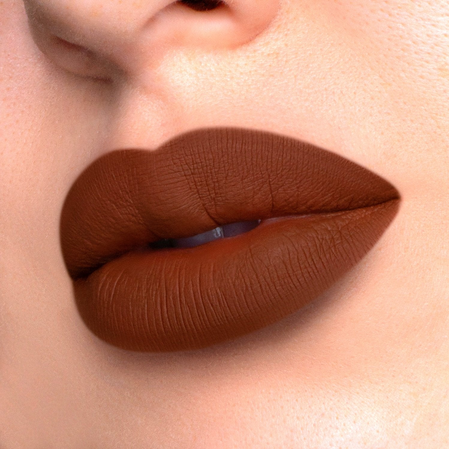 Hypnotic a dark brown liquid lipstick swatched on model. 
