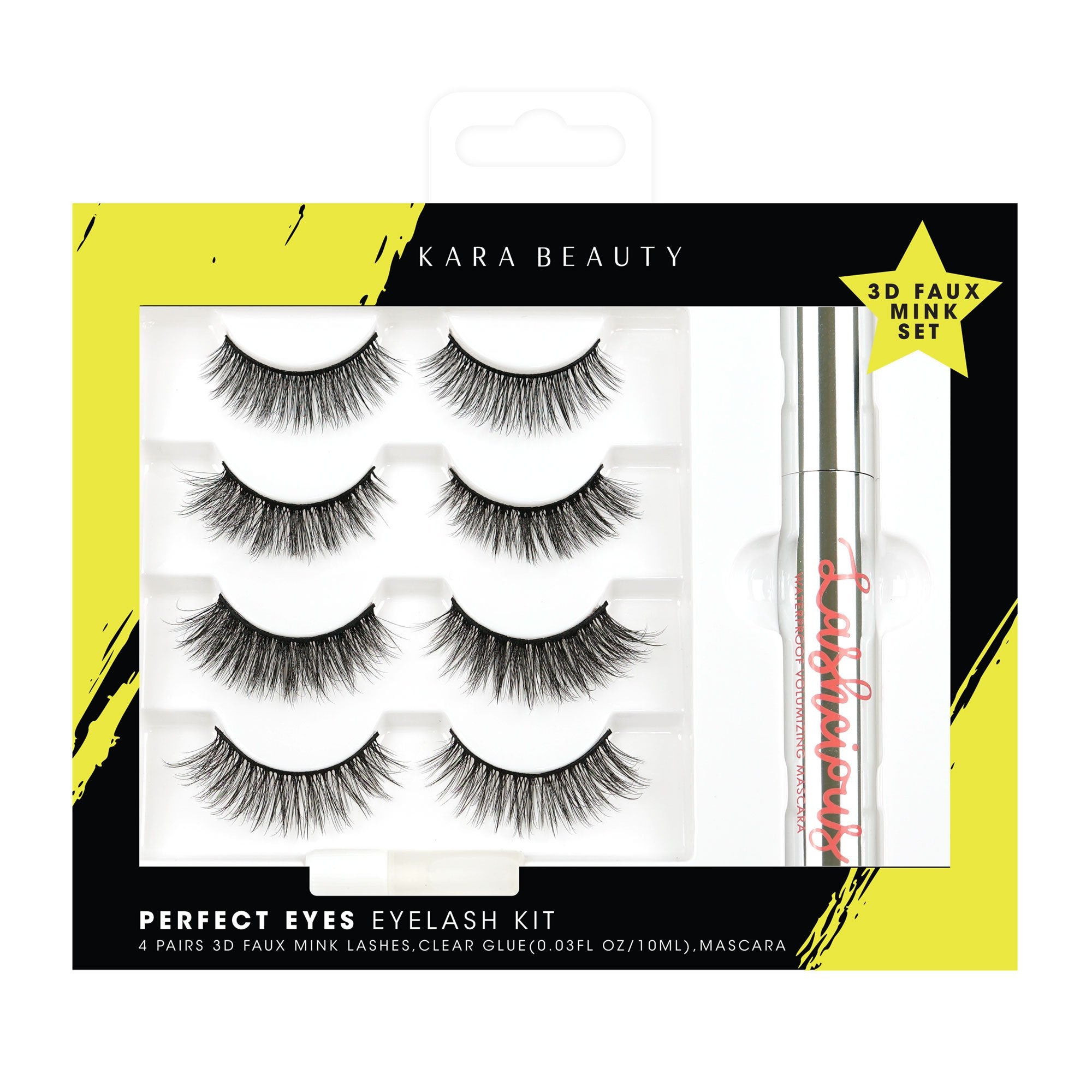 Value eyelash kit set with 4 pairs of lashes, mascara and clear glue