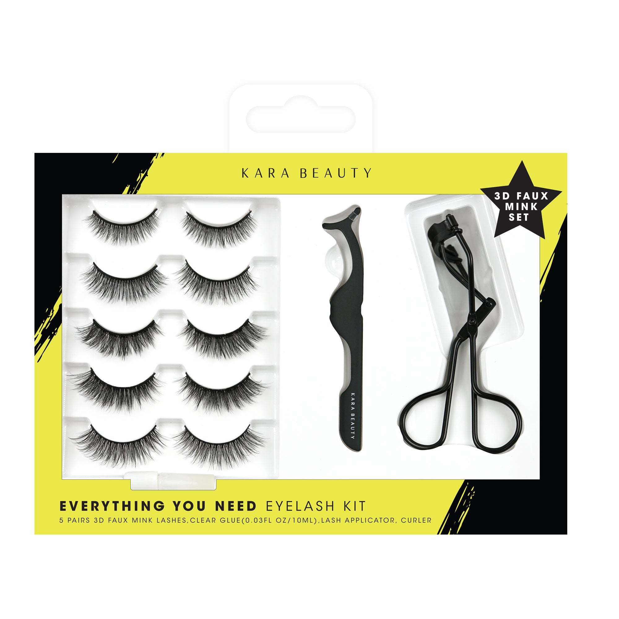 5 pair 3D faux mink eyelash kit with applicator and eyelash curler