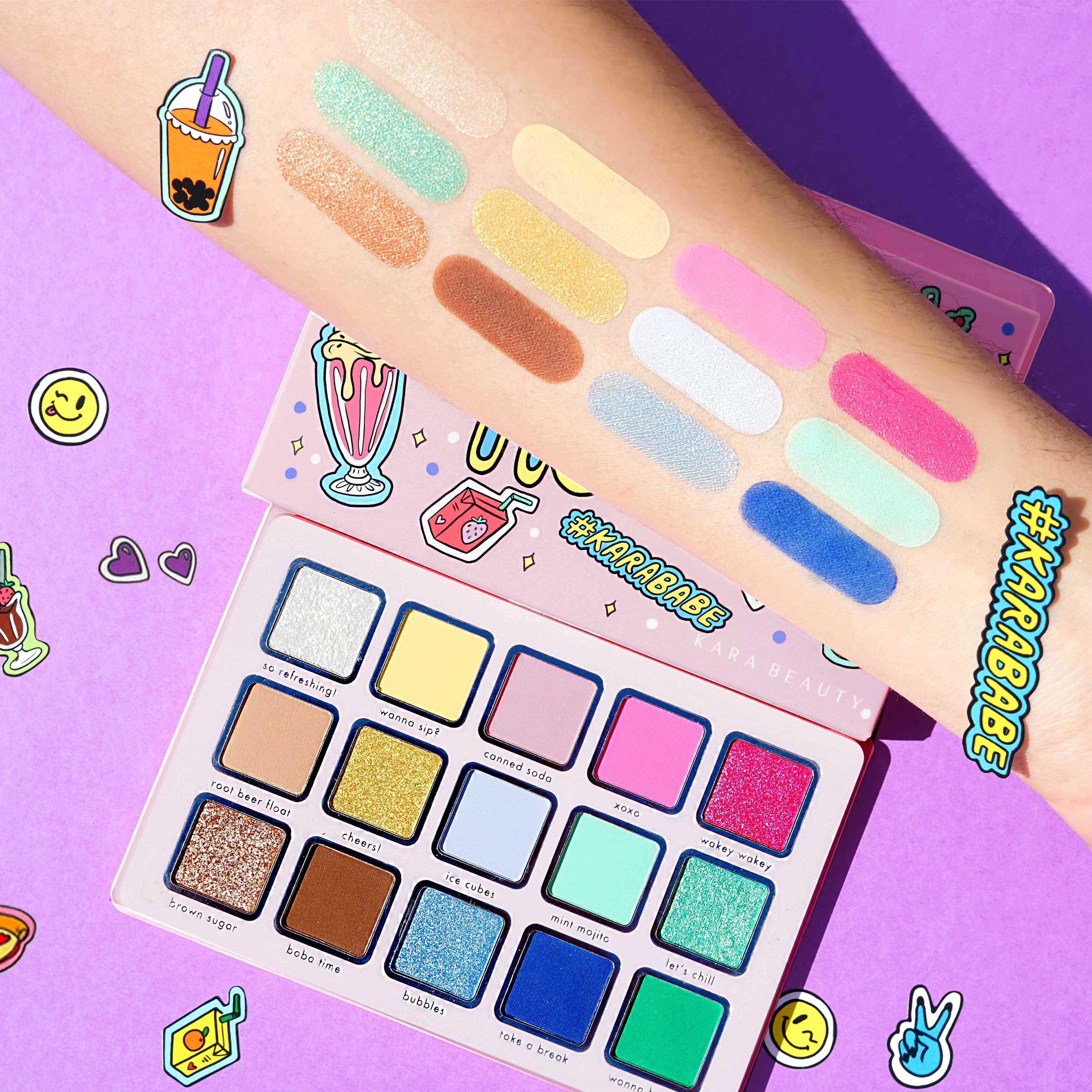 Kara Beauty's sip Sip Hooray 15-Shades Soft Drink Themed Eyeshadow Palette - Swatches